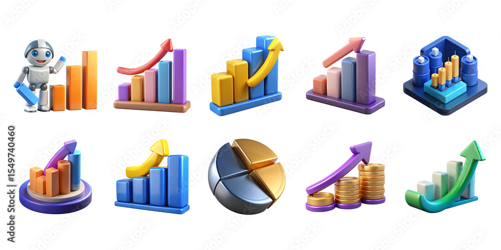 Poster 3d colorful business charts and graphs set isolated on transparent background