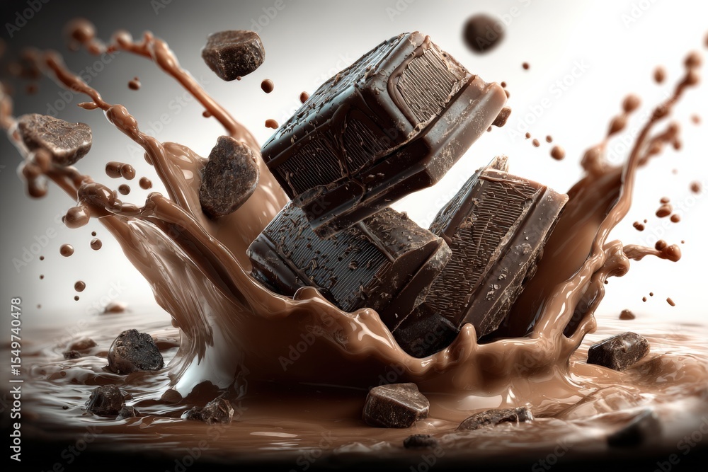 Poster dramatic splash of rich dark chocolate with broken chocolate bars and cocoa powder creating an indue
