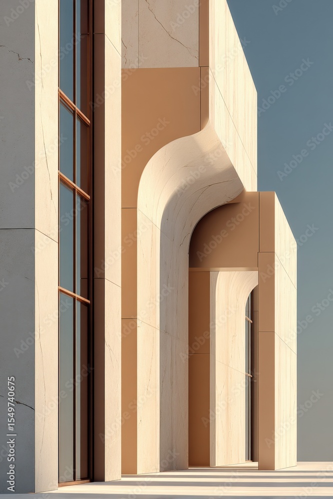 Poster modern urban building exterior featu minimalist architectural design with curved elements and large 