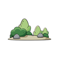 Mountain rock with wild green plants vector illustration, natural landscape element, outdoor scenery design

