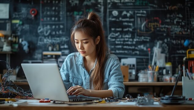 Young woman working on laptop in a tech workspace