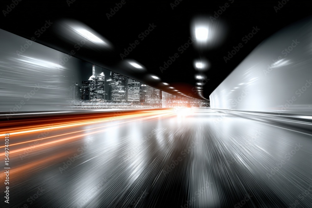 Poster futuristic cityscape highway tunnel at night with dynamic light trails and a glowing skyline viewed 
