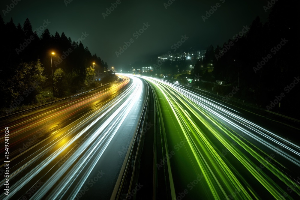 Poster long exposure photograph of a busy highway at night with colorful light trails from moving vehicles 