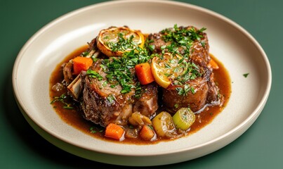 Fototapeta premium Delicious osso buco slow-cooked veal shanks with broth and vegetables garnished with gremolata on an elegant plate