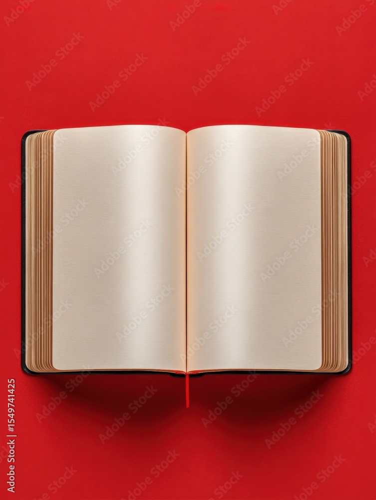 Poster open blank notebook with cream pages and red bookmark on vibrant red background for writing drawing 