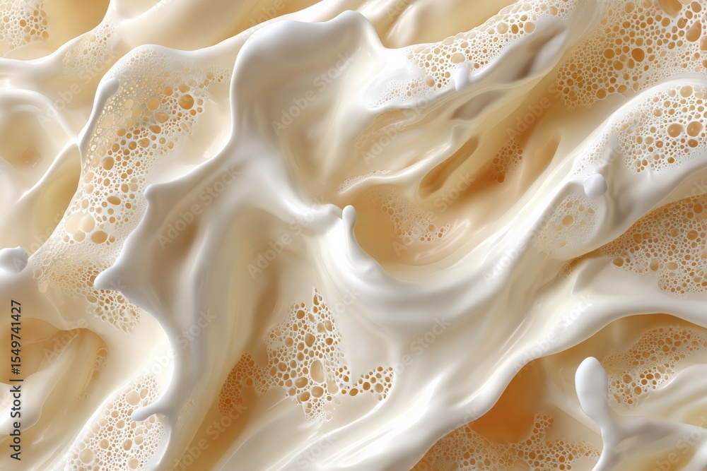 Poster Abstract creamy liquid swirling frothy froth foam with bubbles and smooth flowing textures in neutral beige tones for design and background use