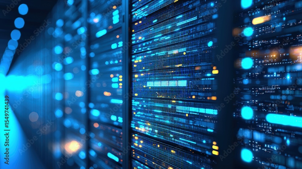 Aufkleber High tech data center with illuminated blue servers and digital lights, ideal for cloud computing, IT infrastructure, cybersecurity visuals, and futuristic tech presentations