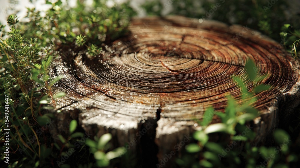 Poster close-up of weathered tree stump with growth s and surrounding green grass and small plants in a nat