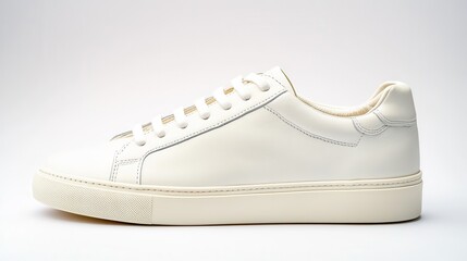 Crisp white minimalist sneakers highlighted by soft lighting on a pristine backdrop showcasing elegant design details and smooth textures