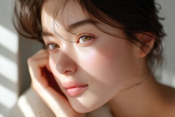 Close-up portrait of a young woman with natural makeup and tousled hair gazing thoughtfully at the camera with a soft expression