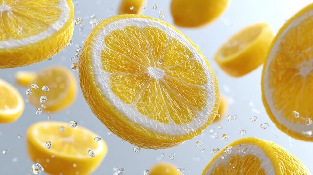 Fresh juicy lemon slices and whole lemons floating in clear water with bubbles, vibrant citrus fruit, refreshing citrus beverage ingredients