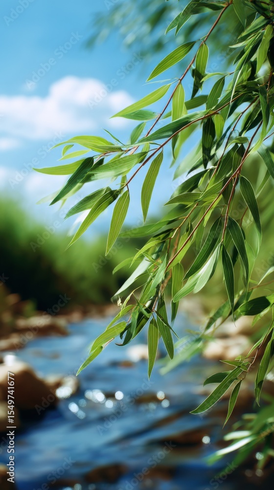Poster tranquil stream flowing through lush green forested area with bright blue sky and gentle breeze caus