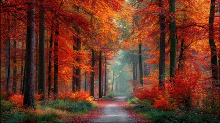 Fototapeta premium Vibrant autumn forest pathway covered in red and orange leaves