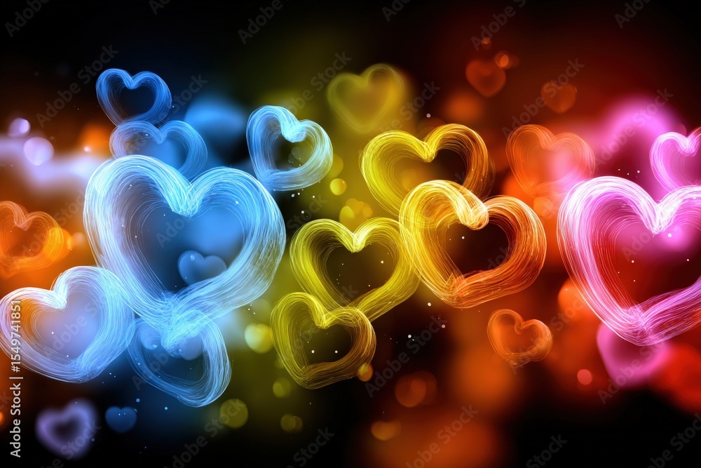 Poster Vibrant colorful glowing heart shapes in motion on a dark background with bokeh light effects and abstract illuminated love symbols