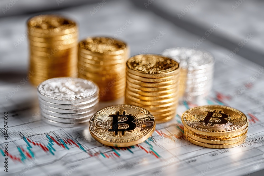 Poster Close-up of Bitcoin and gold and silver coins stacked with financial chart and graph in the background, representing cryptocurrency investment and digital currency trading concepts