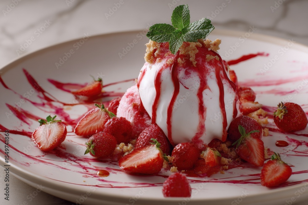 Aufkleber delicious strawberry dessert with all-natural berries topped with whipped cream and raspberry sauce 