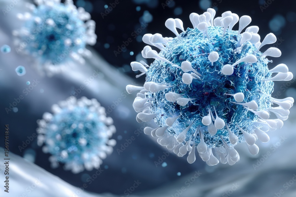Fototapete highly detailed close-up 3d rende of blue virus particles with surface spikes and textured structure