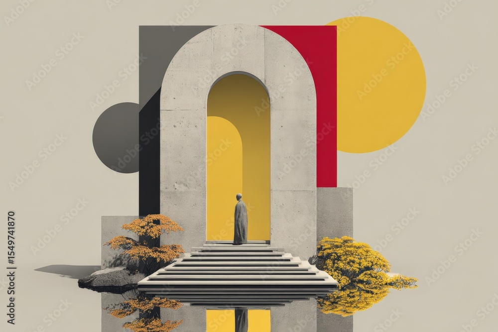 Poster Modern abstract architectural sculpture with geometric arches and bold color blocks in a minimalist setting with plants and a person