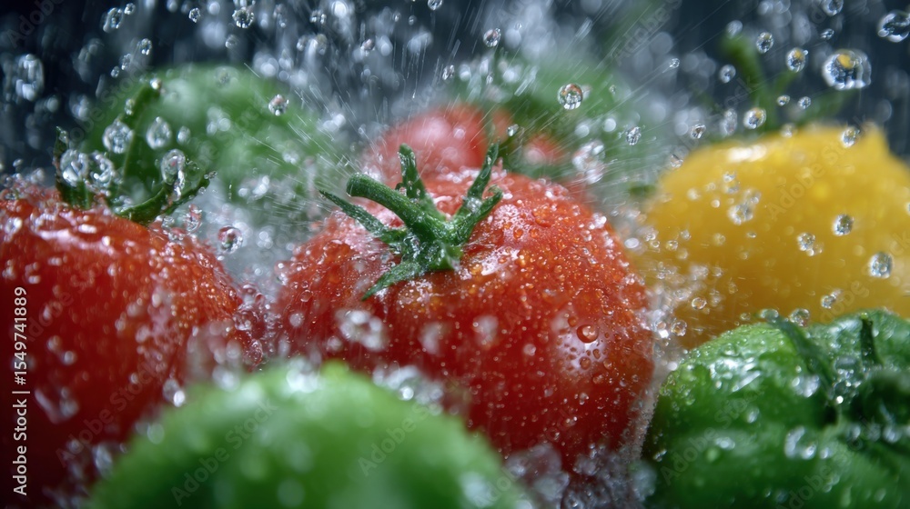 Poster fresh colorful tomatoes and peppers being washed under running water with water droplets splashing a
