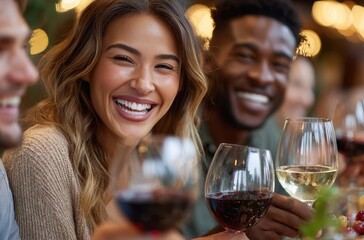 Close-up of a group toasting with wine glasses at a dining table, diverse people celebrating in a restaurant