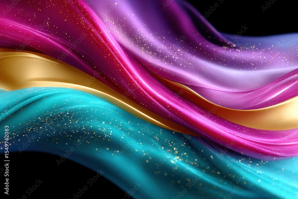 Poster vibrant abstract colorful flowing silk waves with sparkling glitter and golden accents in a dynamic 