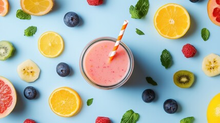 Refreshing pink smoothie with fresh fruits and berries in a glass jar on a blue background