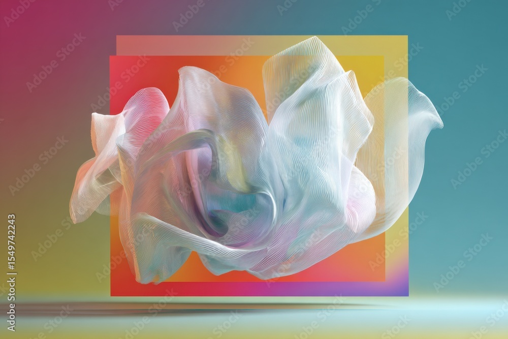 Poster Abstract colorful flowing fabric or silk with soft translucent texture and vibrant rainbow gradient background in contemporary art style