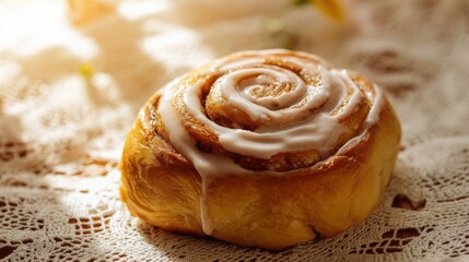 Freshly baked cinnamon roll pastry with creamy icing glaze on vintage lace cloth and soft warm lighting, close-up macro view of sweet breakfast treat