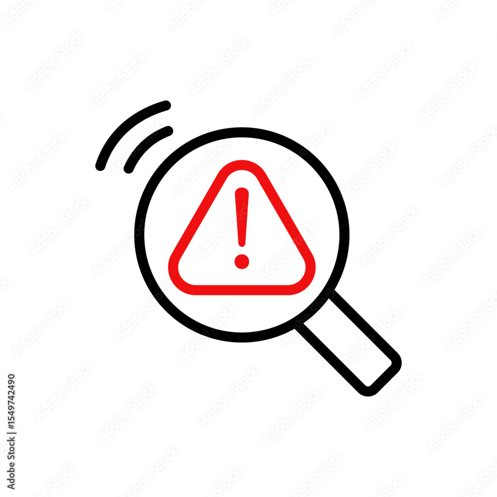 Poster a magnifying glass frames an exclamation mark inside a triangle, symbolizing alert and urgency.