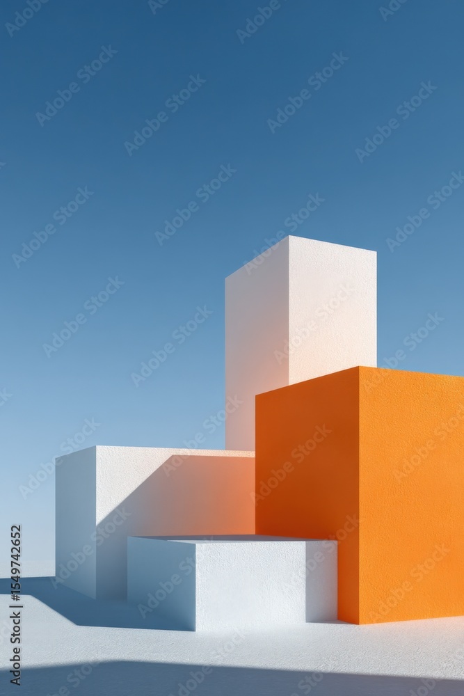 Poster minimalist modern geometric abstract composition featu white and orange cubes under clear blue sky s