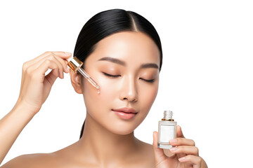 Young woman applying facial serum with dropper, natural beauty skincare concept