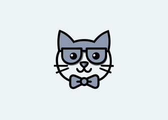 Cat illustration in a cute style and black bowtie, isolated on white, vector illustration