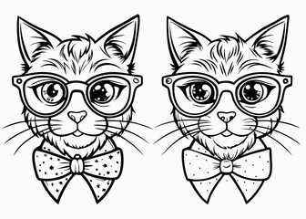 Cute cat dressed hat tie and glasses hand drawn tshirt design, Portrait of cat, wearing glasses, like a scholar, cool style line art vector illustration