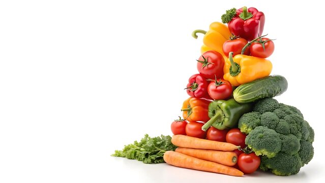 A vibrant pyramid of fresh vegetables including bell peppers tomatoes cucumber carrots broccoli and parsley