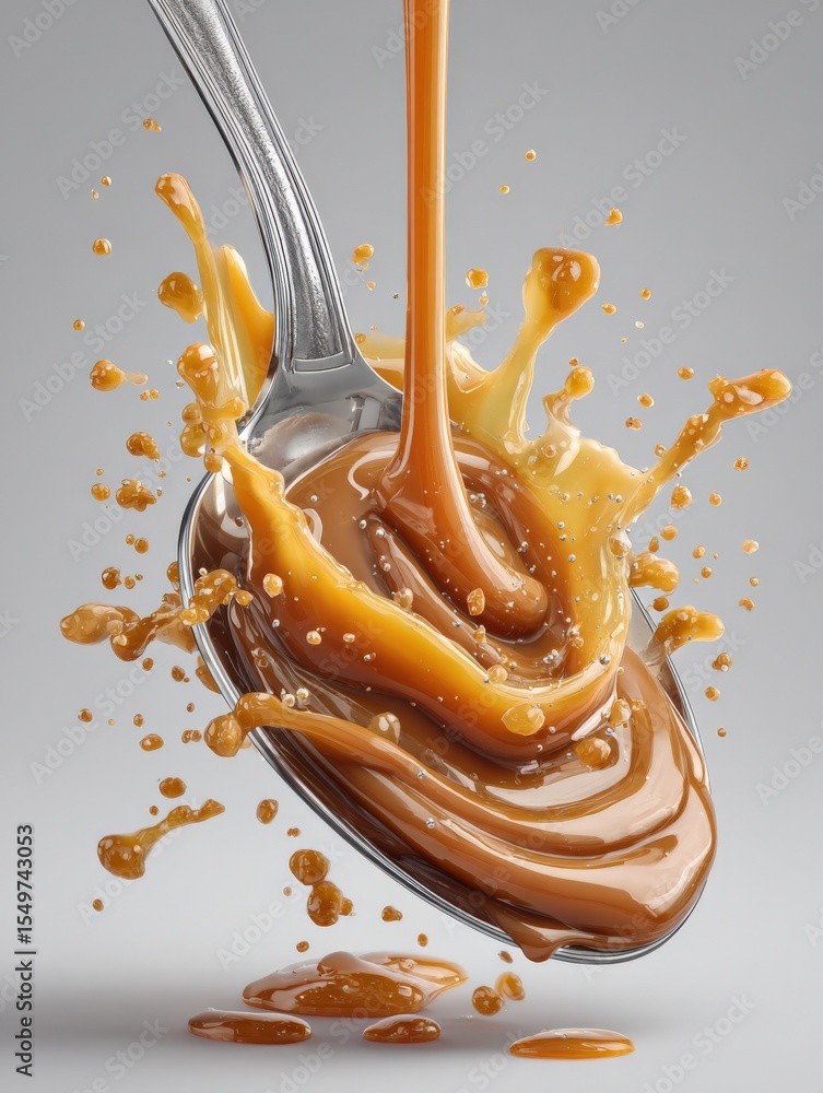 Poster dynamic close-up action shot of two spoons with chocolate and caramel sauce splashing in midair agai