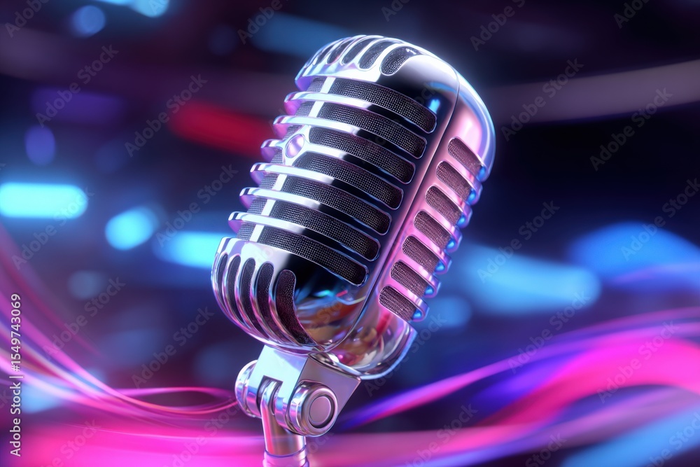 Poster close-up of a retro style microphone with vibrant neon lights and electric colorful background, vint