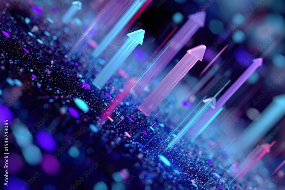Poster Vibrant Neon Light Arrows and Particles Creating Futuristic Digital Data Visualization Background in Bright Colors