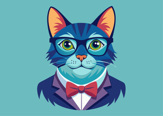 Hand drawn cat portrait. Portrait of a cat with bow tie and glasses hipster Watercolor vector illustration