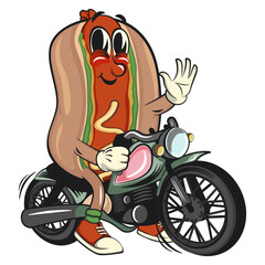 cute hot dog mascot cartoon vector illustration riding a big motorcycle, funny fast food character isolated on transparent background, work of hand drawn