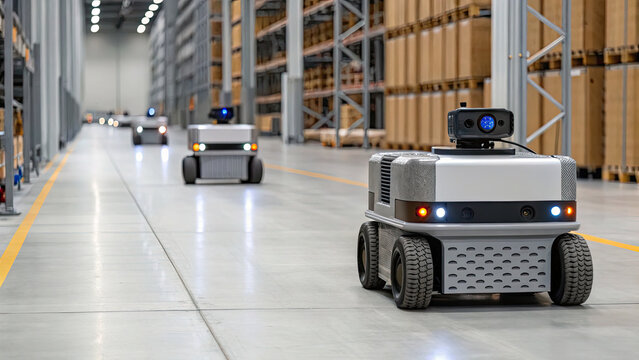 Autonomous robots navigating modern warehouse, efficiently transporting goods between shelves and storage areas