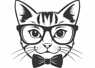 portrait of a cat with bow tie and glasses hipster with look isolated Creative vector cartoon illustration