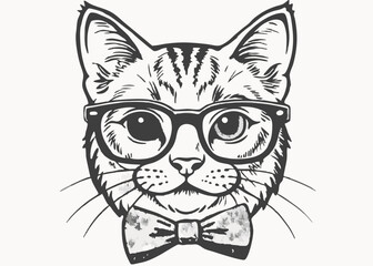 portrait of a cat with bow tie and glasses hipster with look isolated Creative vector cartoon illustration