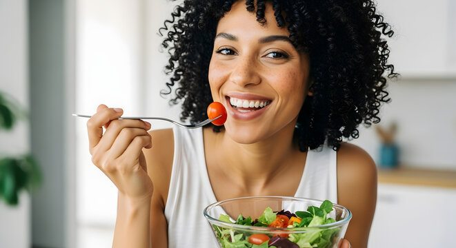 Happy Young Woman Eating Cherry Tomato Salad in Bright Modern Kitchen - Powered by Adobe
