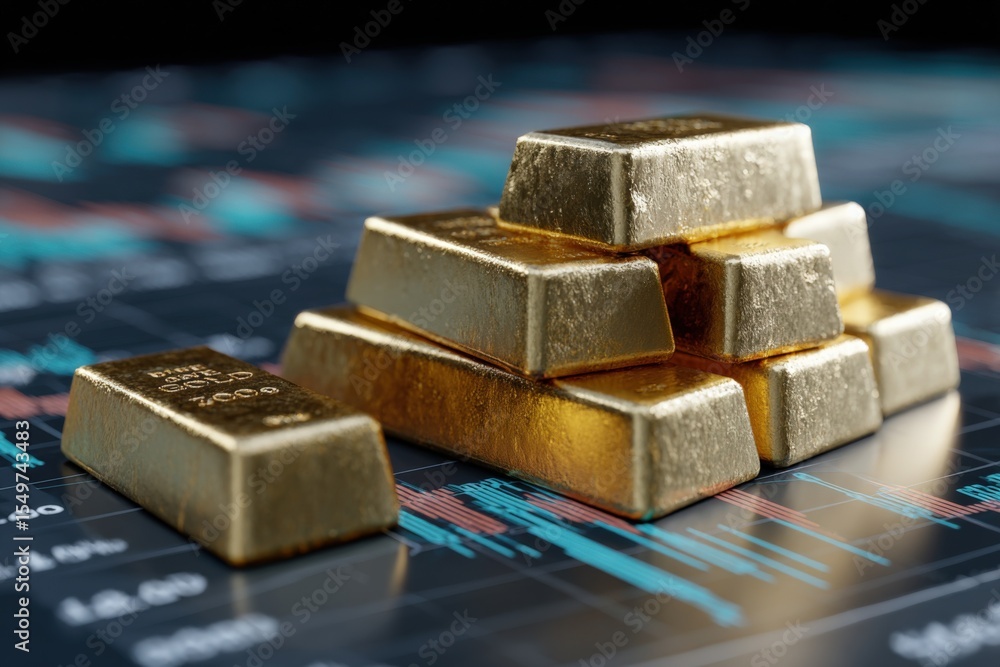 Poster Close-up view of gold bars stacked in pyramid shape on stock market graph with financial data background showing trading and investment concepts