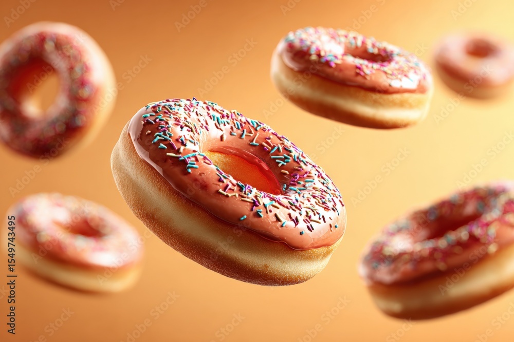 Poster colorful sprinkle-topped donuts floating in midair with a warm gradient background creating a delici