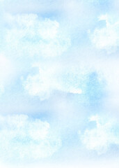 Greeting card template with watercolor blue sky and white fluffy clouds. Nature clipart. Hand-drawn illustration for postcards, invitation, poster, cover design