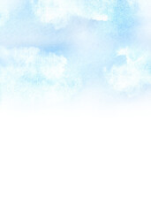 Greeting card template with watercolor blue sky and white fluffy clouds and white space for text. Nature clipart. Hand-drawn illustration for postcards, invitation, poster, cover design