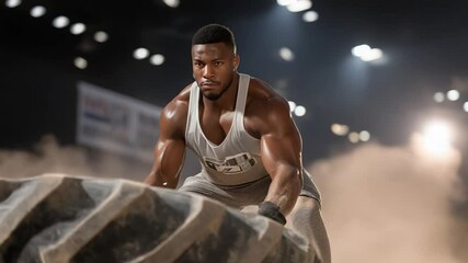 Dynamic CrossFit athlete flips a tire in a gym, surrounded by kettlebells and chalk dust.