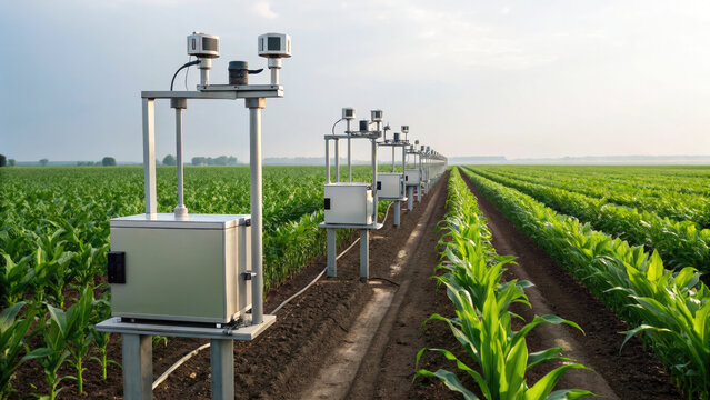 Smart agricultural sensors in cornfield monitor crop growth and environmental conditions, enhancing precision farming and sustainability