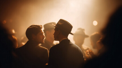 Atmospheric scene of men in hats amidst a smoky, warmly lit setting. Suggests intrigue, nostalgia, or a vintage gathering. Ideal for crime drama or period themes.
